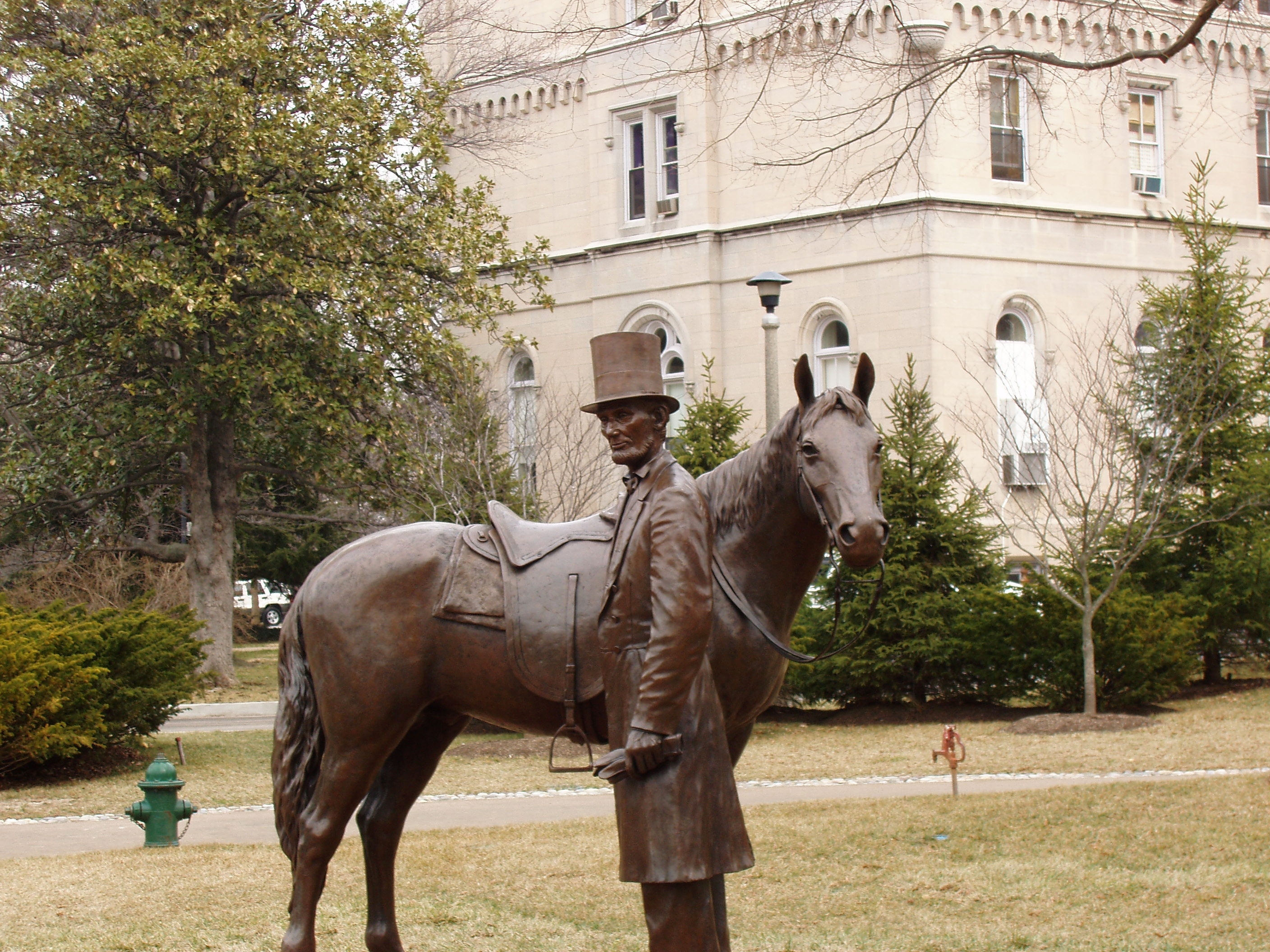 Bronze Statue of Pres. Lincoln and his horse.  The president traveled on horseback between the cottage to the White House every day from June through November 1862-1864.